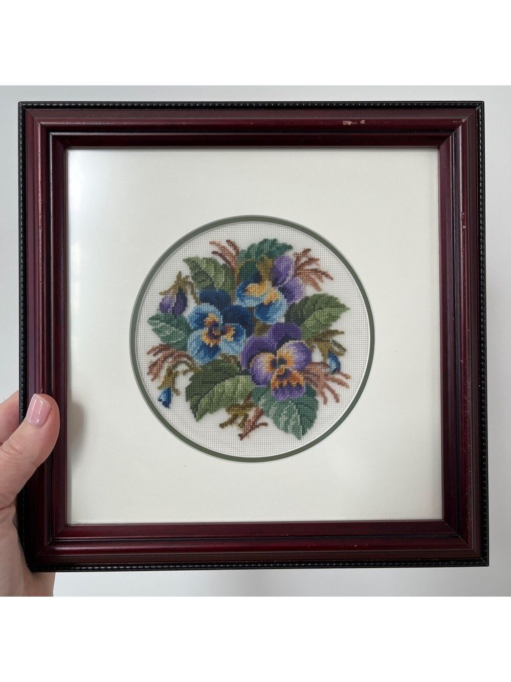 VINTAGE Petit Point Pansies Floral Completed Framed Needlework Handmade Wall Art